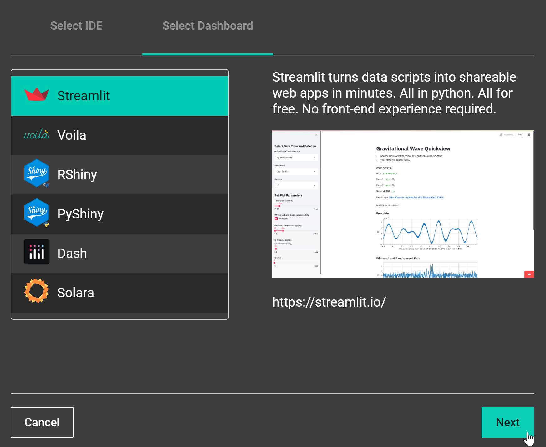 A screenshot of Notebooks Hub workflow to launch Streamlit app