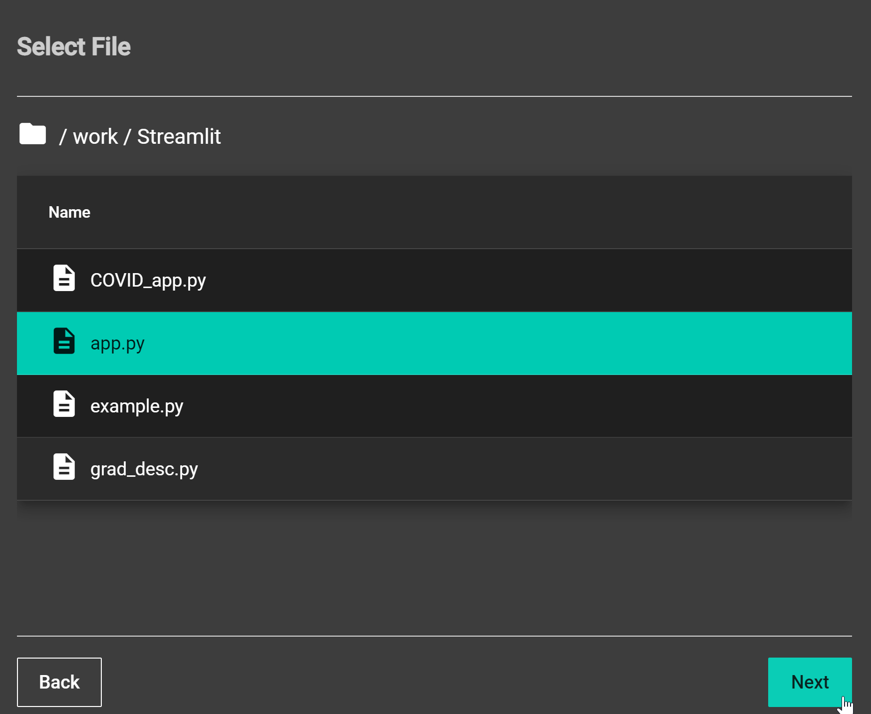 A screenshot of Notebooks Hub workflow to launch Streamlit app