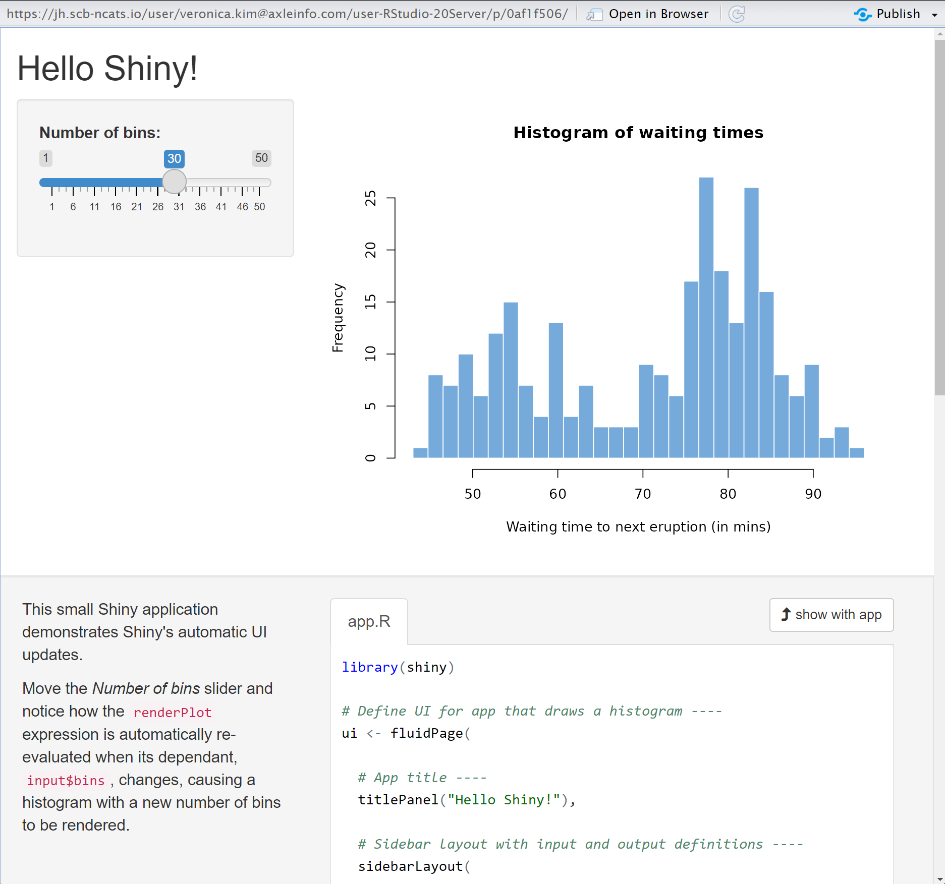 A screenshot of RShiny demo example 01_hello