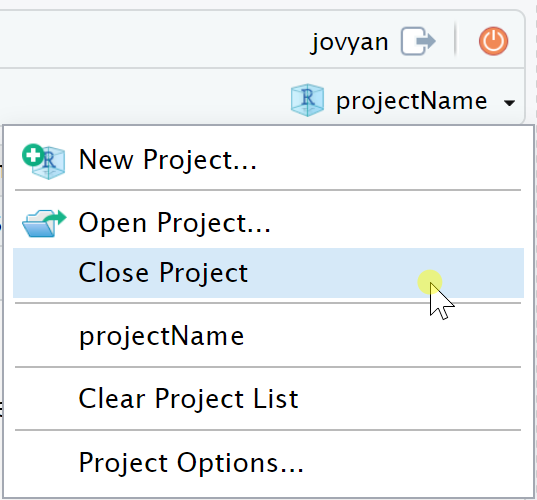 A screenshot of the RStudio project panel to close project