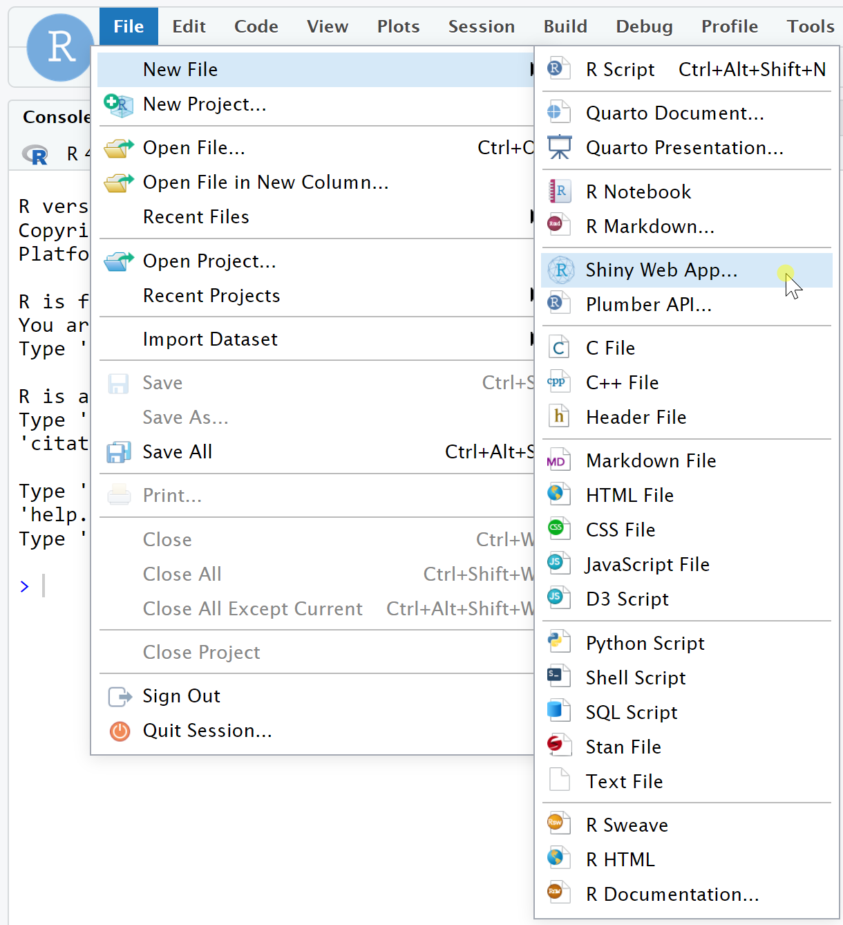 A screenshot of the RStudio new file panel