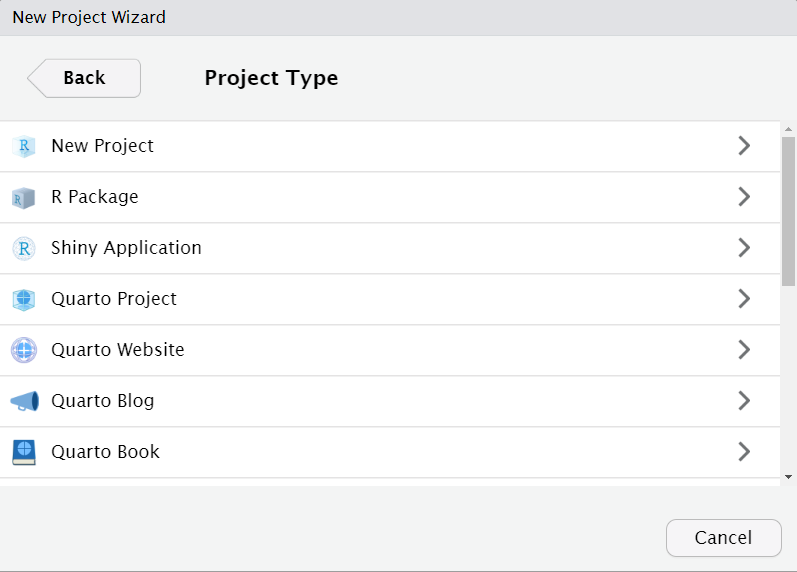 A Screenshot of the RStudio New Project Wizard