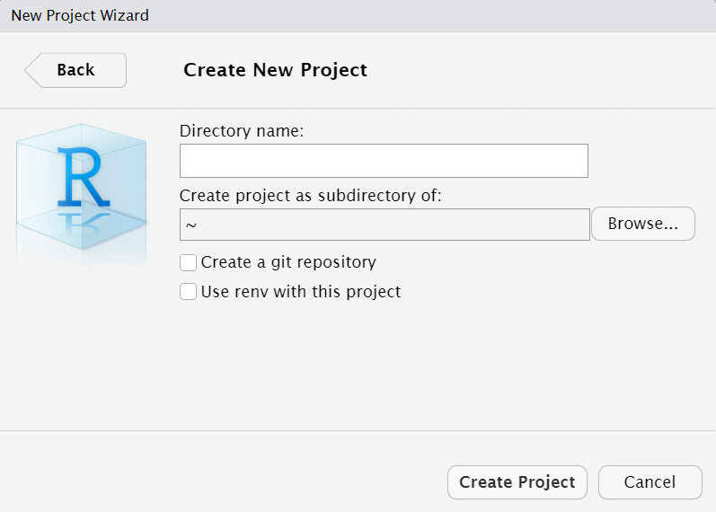 A Screenshot of the RStudio New Project Wizard