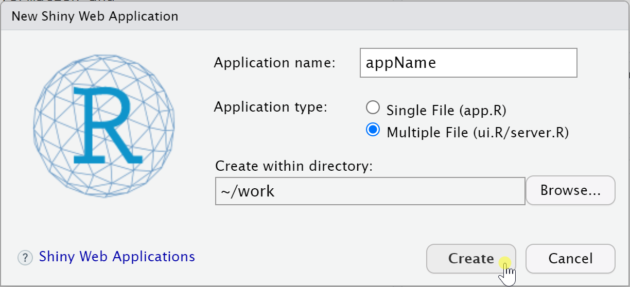 A screenshot of the RStudio new shiny app modal