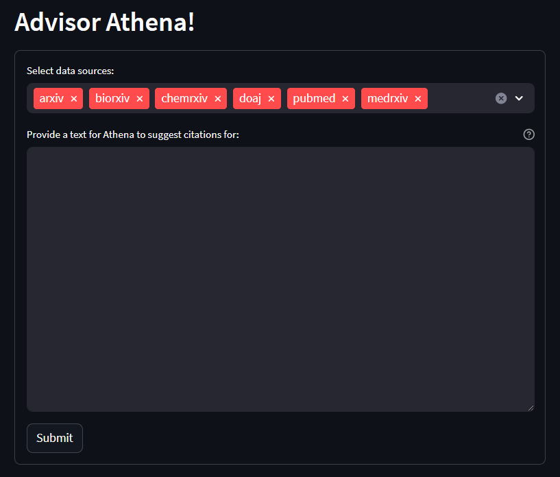 A screenshot of the Streamlit Advisor Athena App