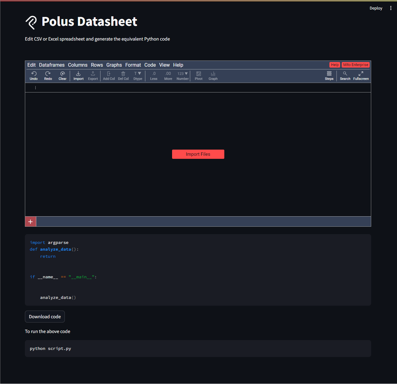 A screenshot of the Streamlit Polus Datasheet App