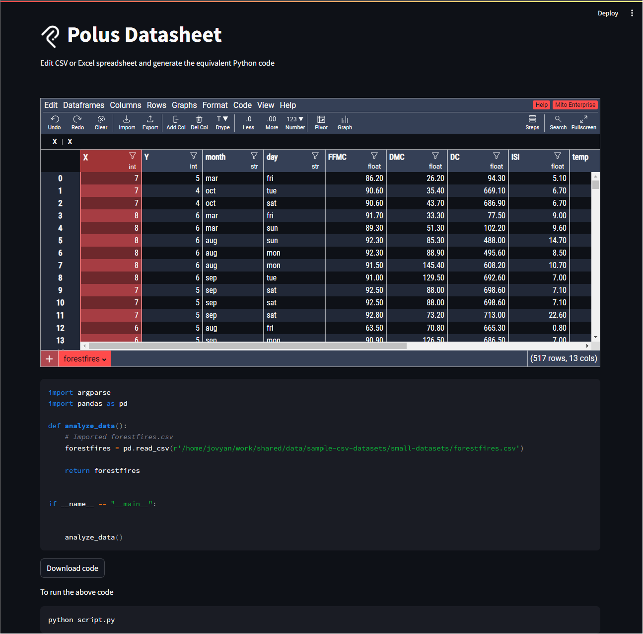 A screenshot of the Streamlit Polus Datasheet App