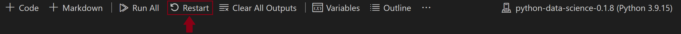 A screenshot pointing to the Restart button in VS Code