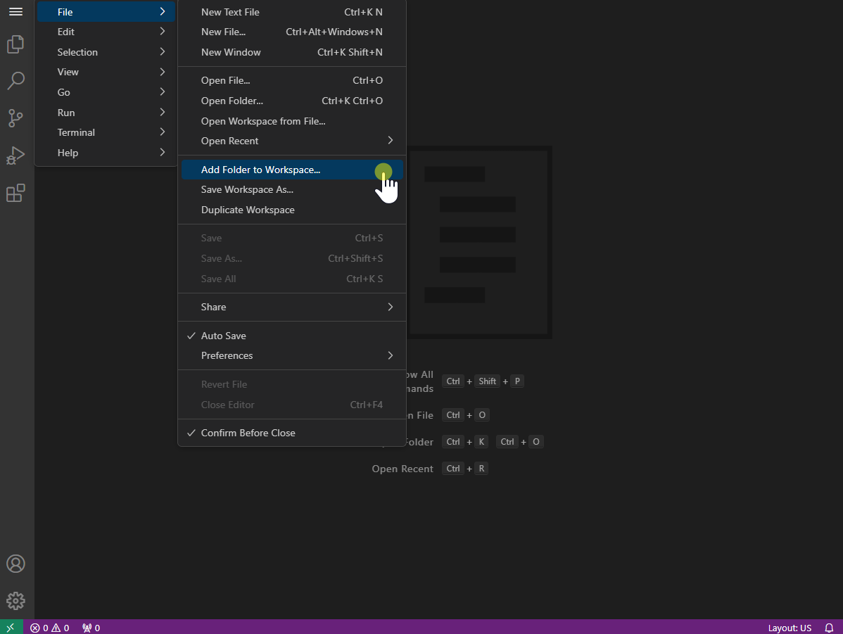 A screenshot of VS Code showing step to add folder to workspace