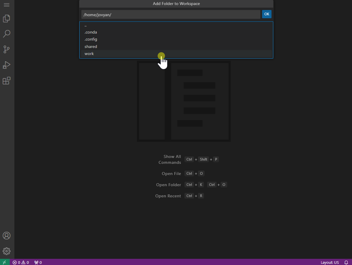 A screenshot of VS Code showing step to add folder to workspace