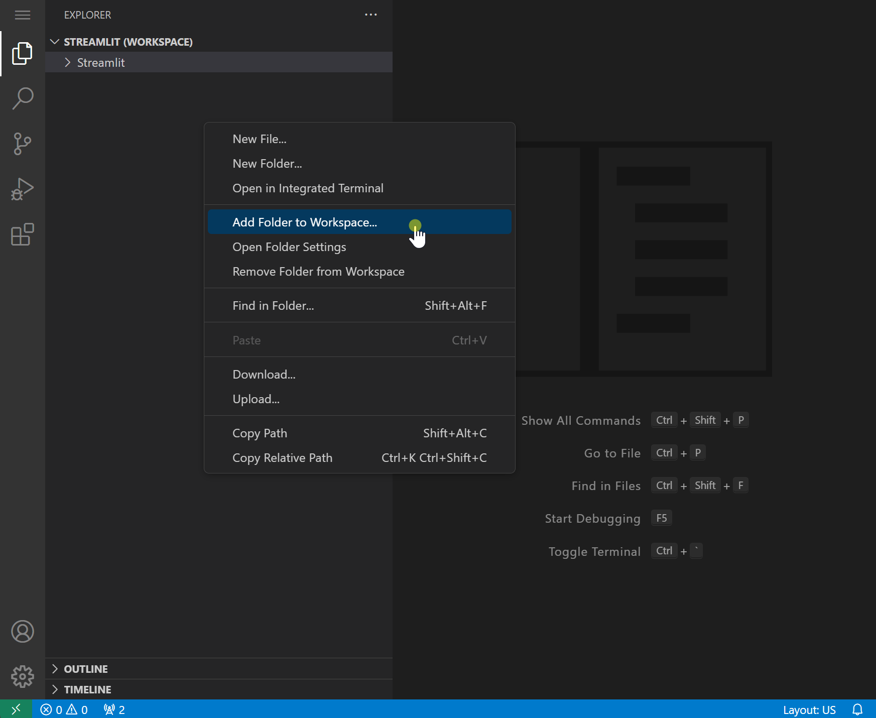 A screenshot showing how to add folders to workspace in VS Code