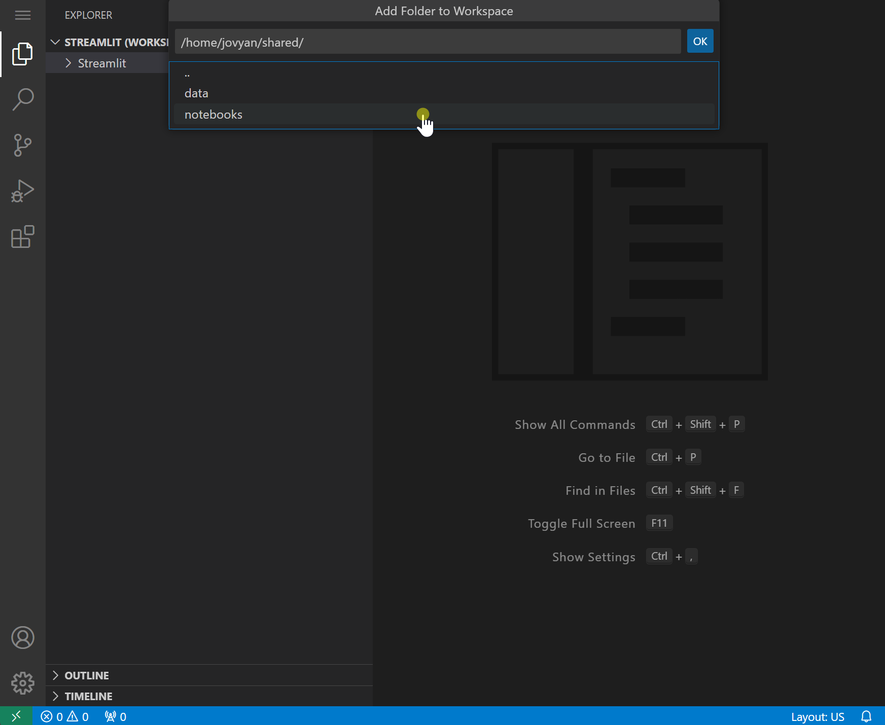 A screenshot showing how to add folders to workspace in VS Code